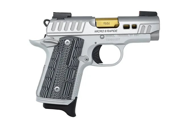 KIMBER Micro 9mm 3.15" Rapide Dawn Pistol with sleek design and gold accents