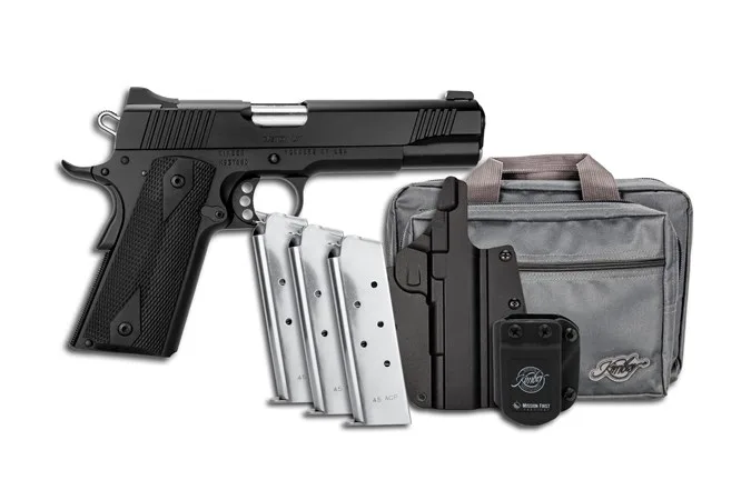 Kimber Custom LW Club Bundle .45 ACP Pistol with black frame and gray slide, includes exclusive accessories.