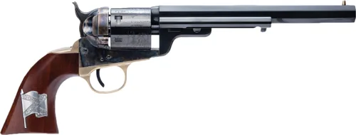 Cimarron 1851 R-M CSA Flag Revolver featuring a 7.5 inch barrel and CSA flag engraving in stainless steel.