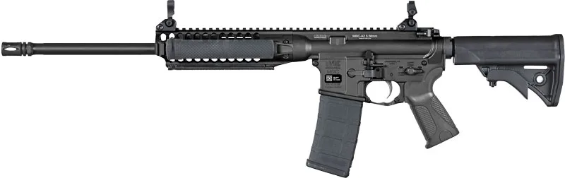 LWRC IC-A2 5.56 NATO Rifle with 16-inch barrel, black finish, adjustable stock.