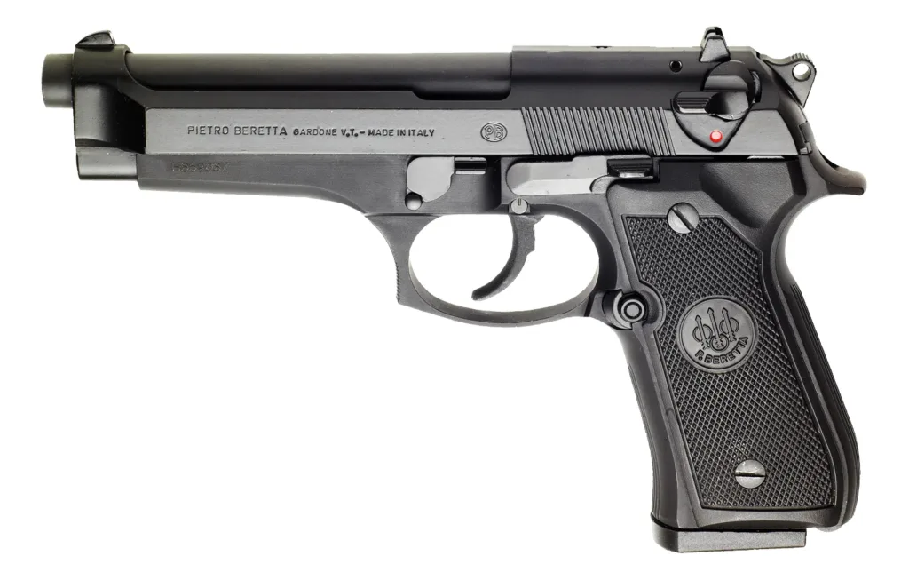 Beretta 92FS 9mm Pistol with 4.9 inch barrel, 15+1 capacity, blued steel slide, and synthetic grips.