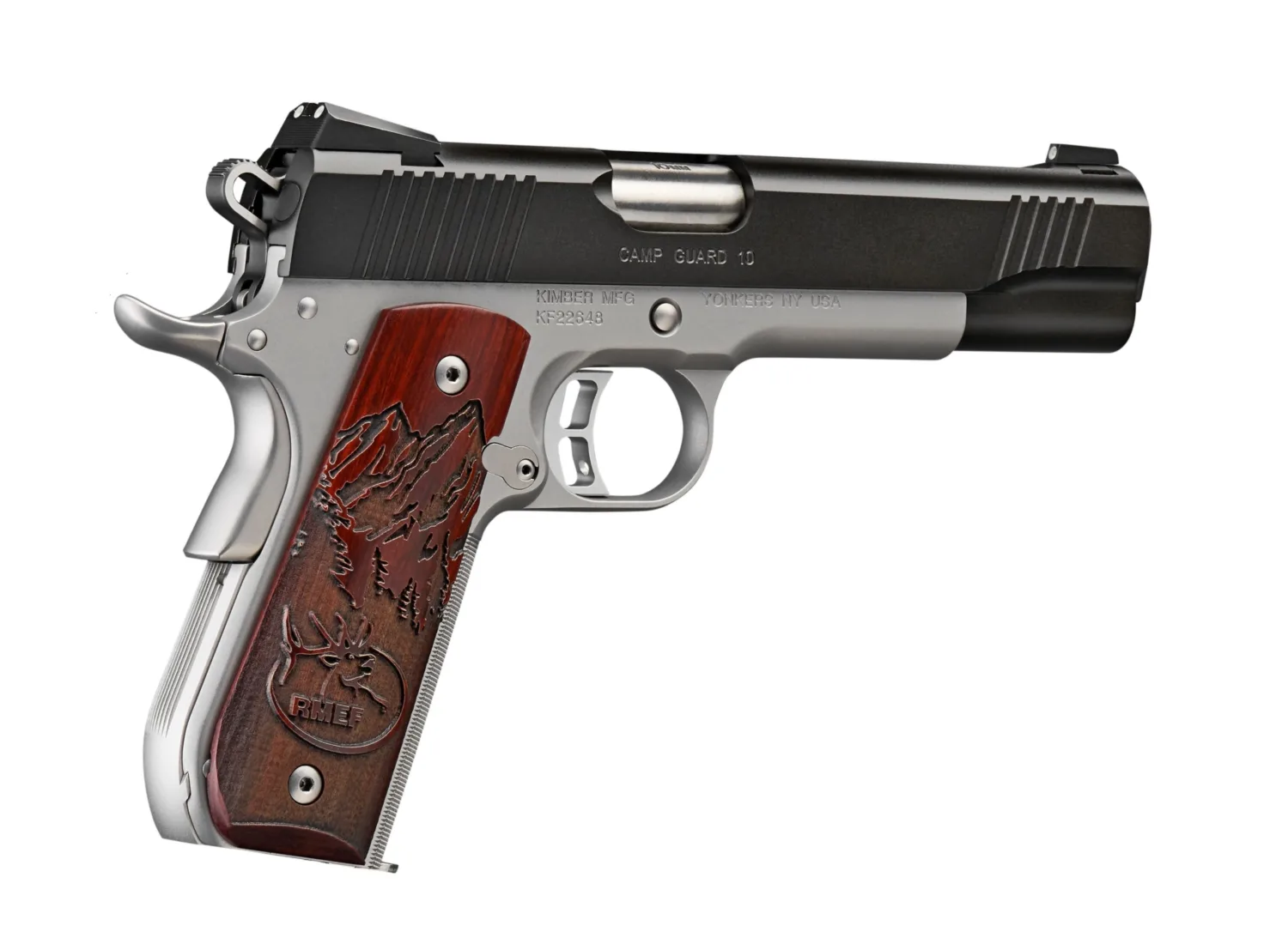 Kimber Camp Guard 10 10mm pistol with 5 inch barrel and stainless steel finish.