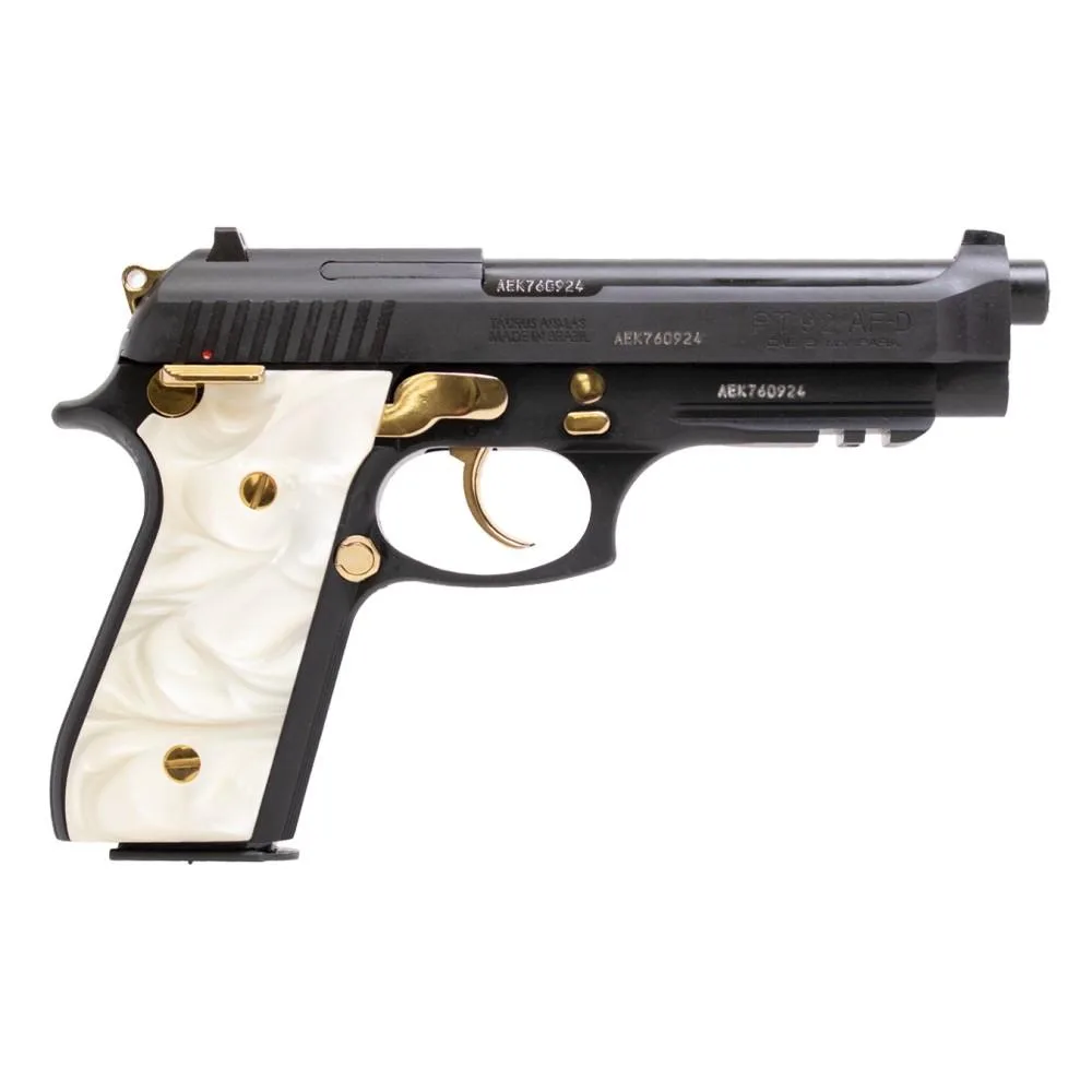 Taurus PT92 Handgun 9mm Luger 17-Round Magazines Black with Pearl Grips and Gold Accents