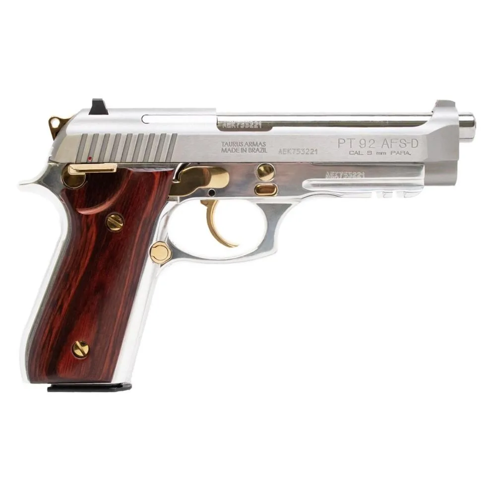 Taurus PT92 9mm Handgun with 5" Barrel, Stainless Steel Finish, and Wood Grips