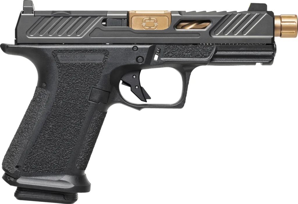 SHADOW SYSTEMS MR920 Elite 9mm Pistol with Black and Bronze finish, threaded barrel, and optic ready design.