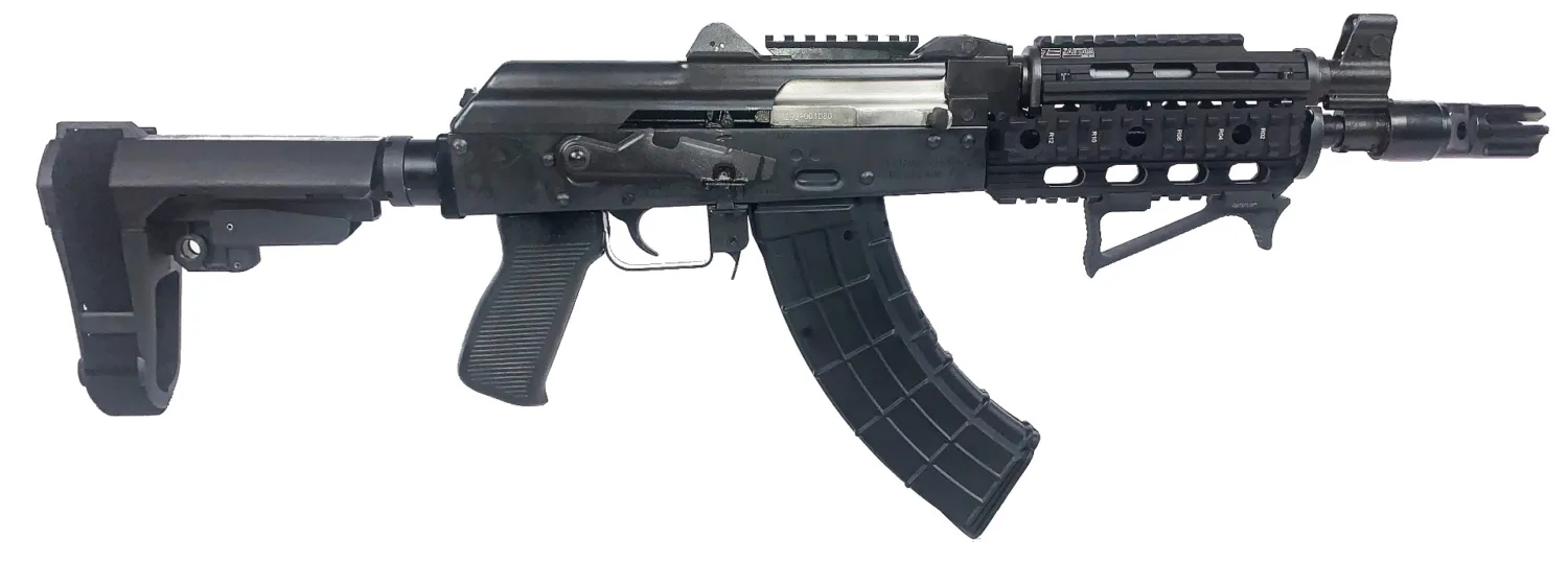 Zastava ZPAP92 AK-47 Pistol BULGED TRUNNION 1.5MM RECEIVER - Black | 7.62x39 | 10" Chrome Lined Barrel | Quad Rail | Night Brake | Angled Foregrip | SBA3 Arm Brace